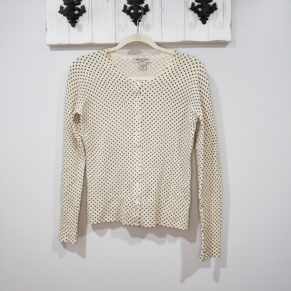 Olivia & Grace Cardigan Womens S 100% Cashmere Polka Dot Cream Black Sweater